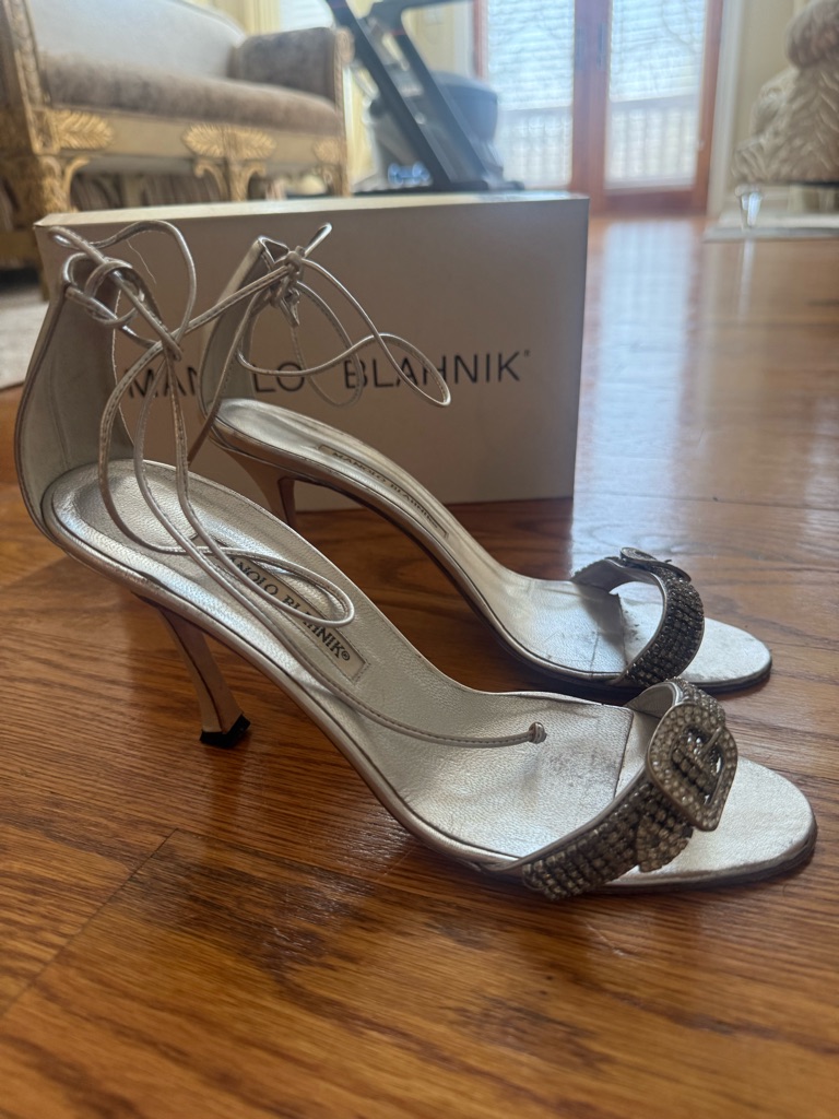 Manolo Blahnik Silver Metallic Strappy Heels With Crystal Buckles